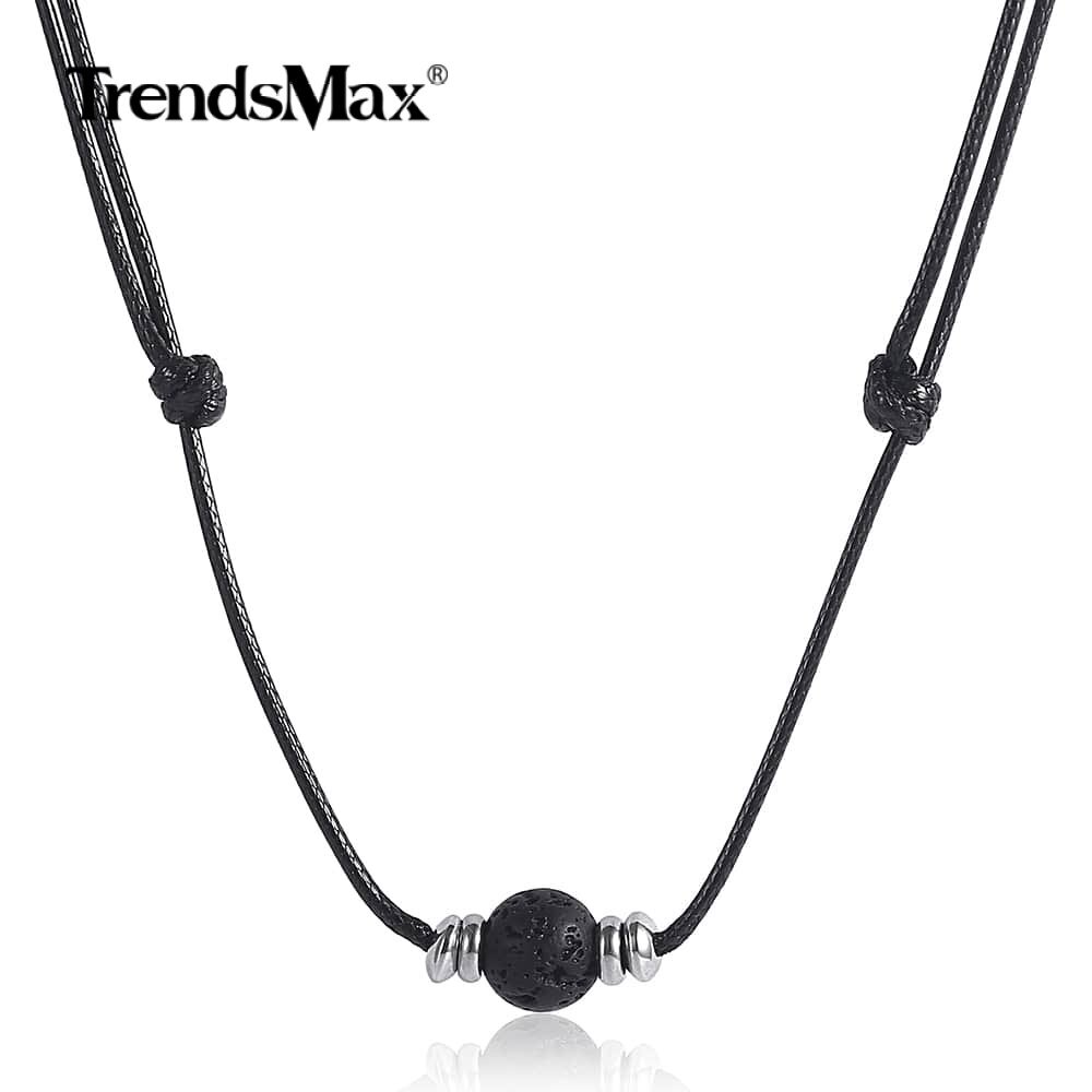 Black Lava Rock Bead Charm Leather Rope Choker Necklace 35-70″ (adjustable)