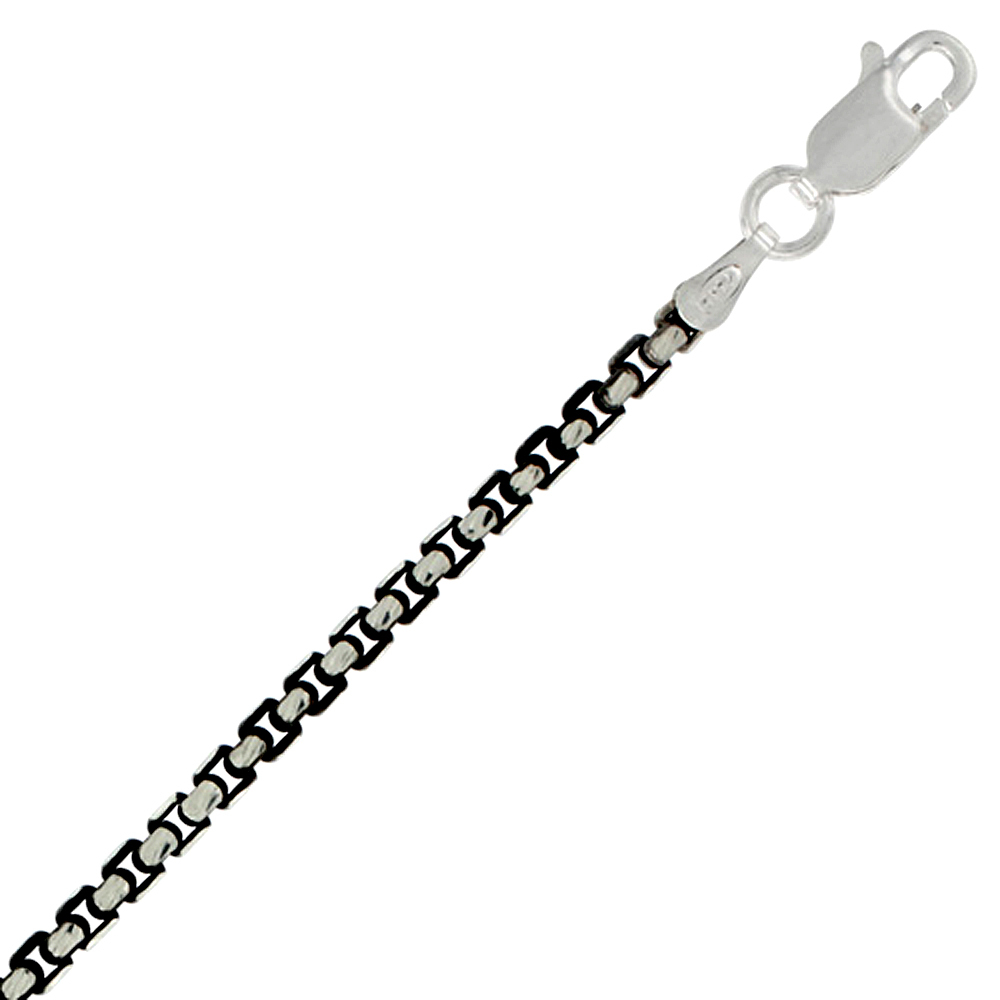 2-tone Sterling Silver Black Rhodium Finish 2.5mm ROUND BOX Chain Necklace