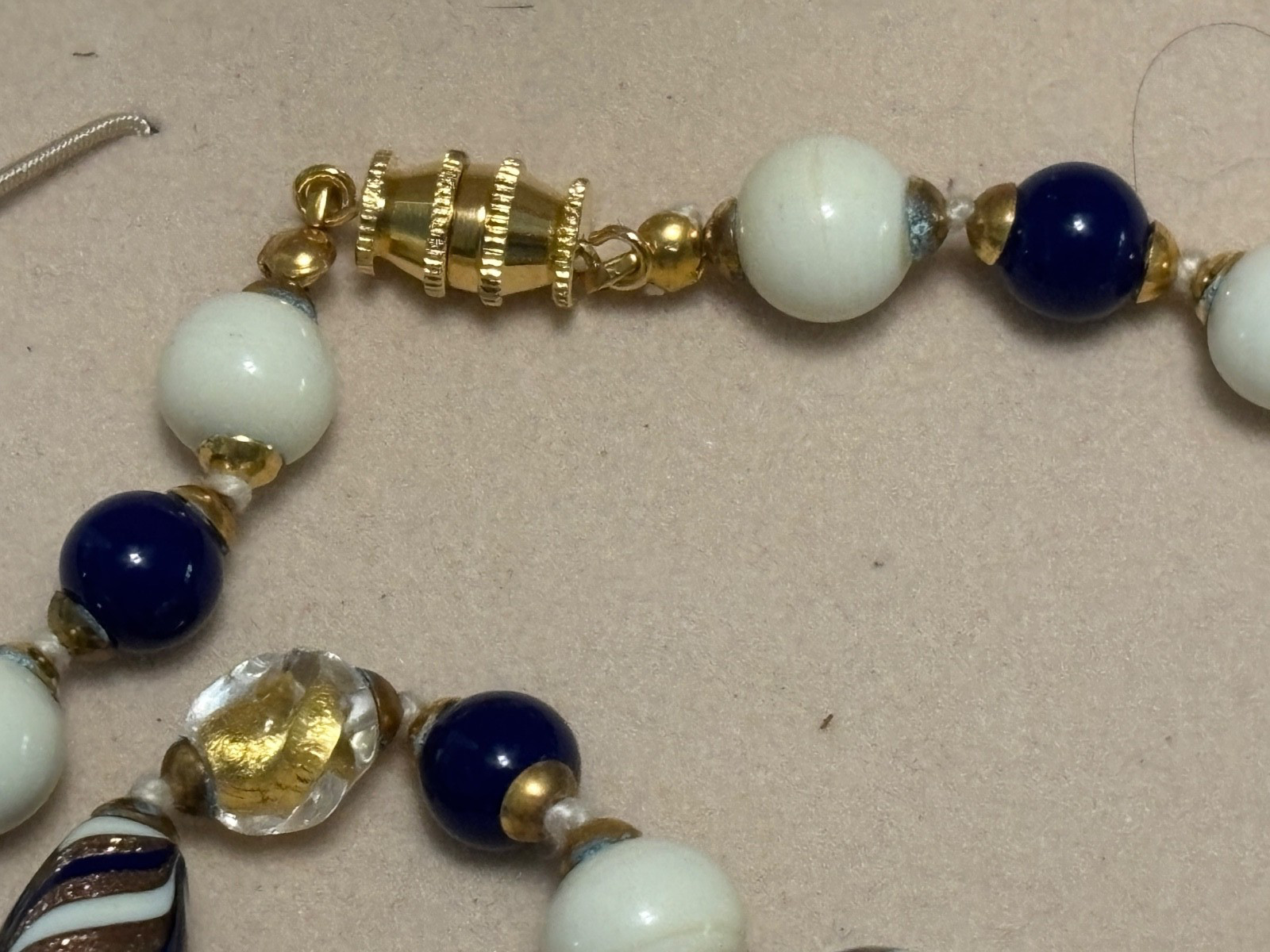 Venetian Glass Beads NECKLACE 20″ Cream Navy Gold Handcrafted IBB Italy Boxed