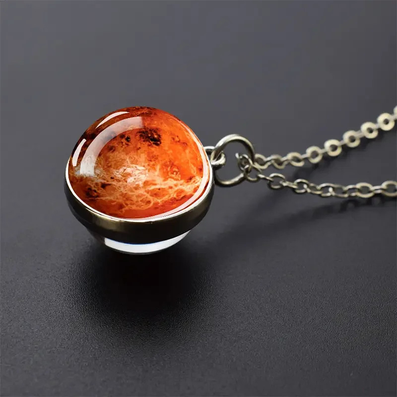 Double Sided Galaxy Planet Glass Ball Pendant Necklace Sun Earth Moon Mars
