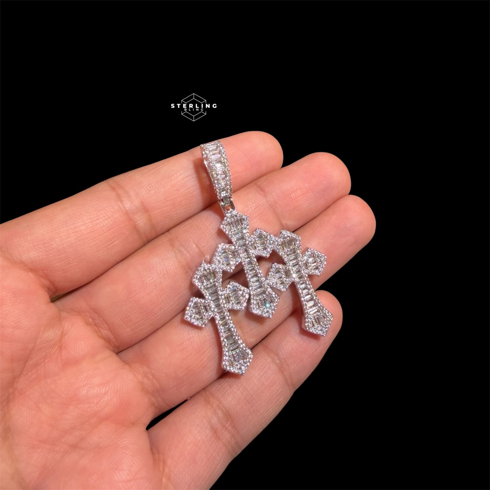 Triple Cross Baguette 14k White Gold Plated Iced Pendant + Steel Rope Chain