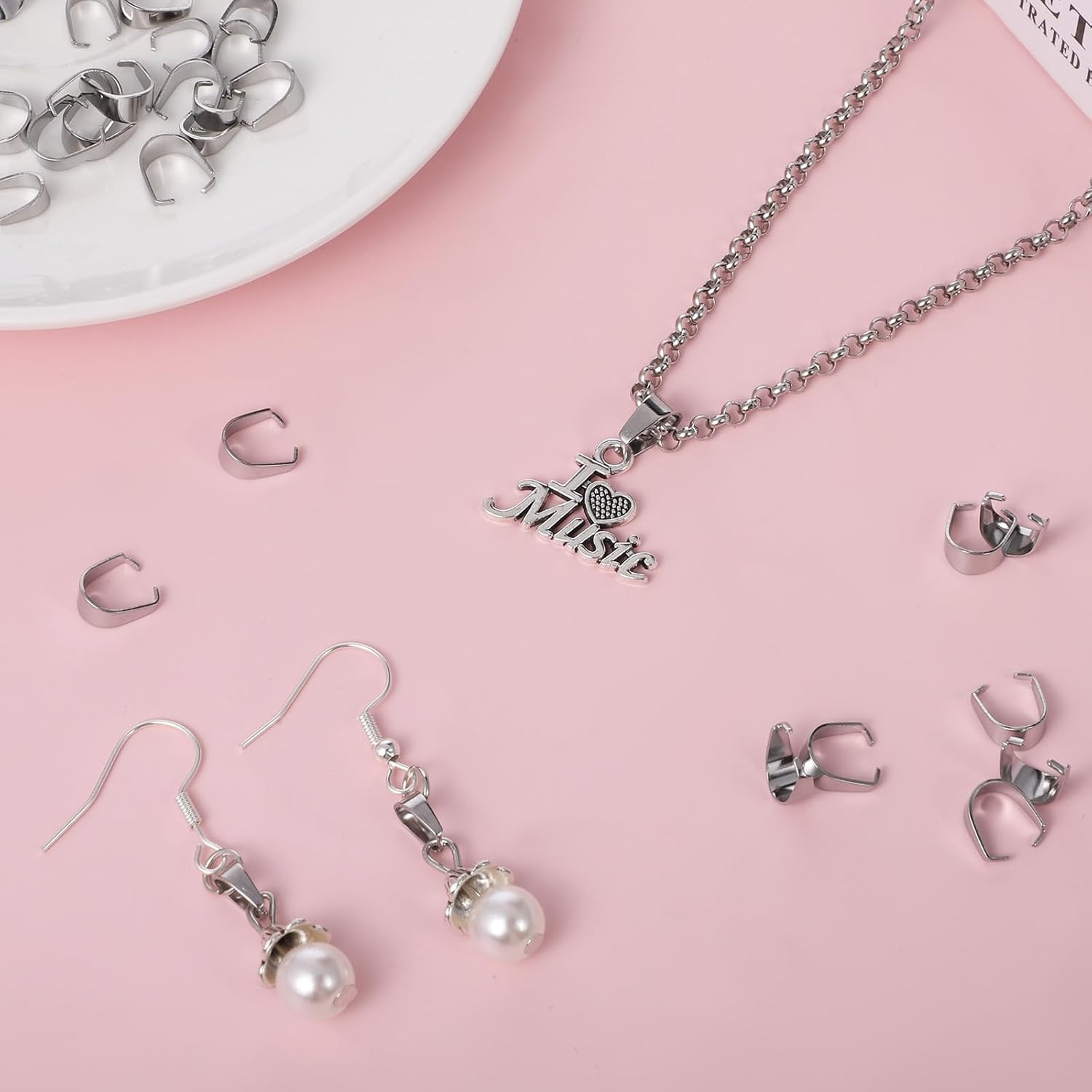 Necklace Pendant Clasp, 150 Pcs 304 Stainless Steel Snap on Bails Silver Pinch