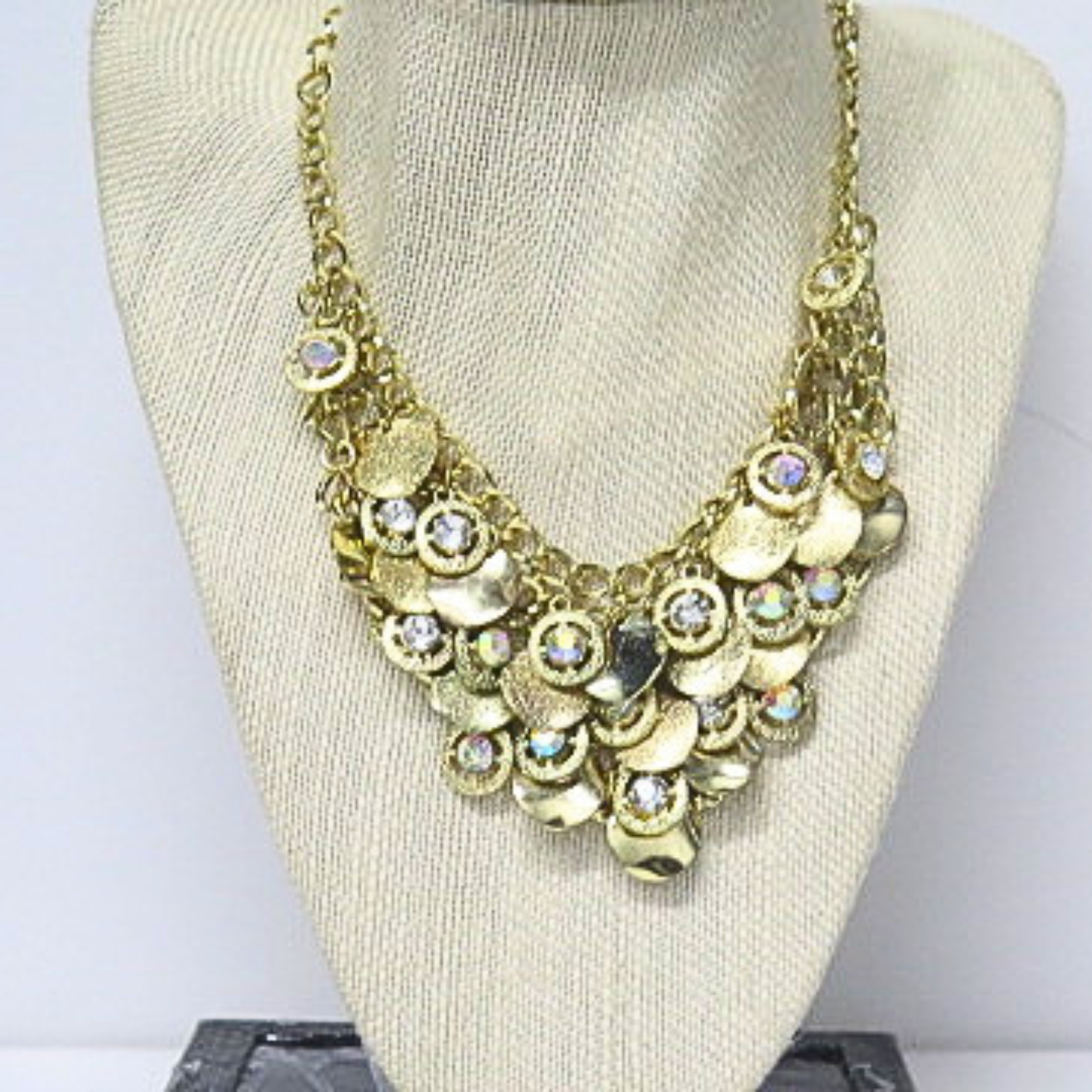 Gold Tone Crystal Coin Statement Bib Necklace AB Rhinestones Adjustable