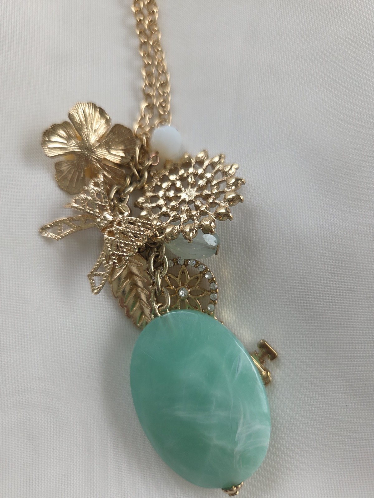 Gold Tone Cable Chain Necklace Green Oval Pendant, Adjustable