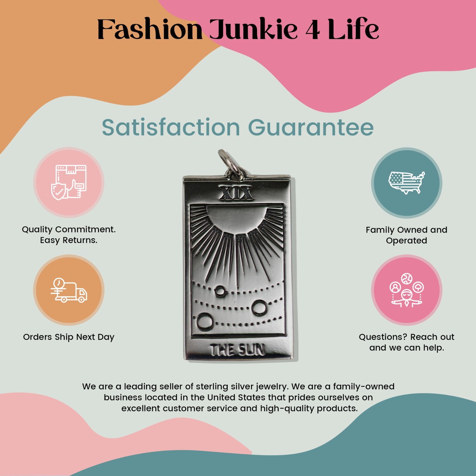 FashionJunkie4Life Sterling Silver Sun Tarot Card Pendant with 18″ Chain