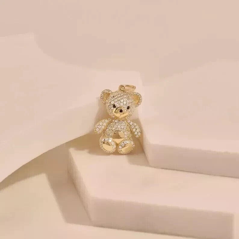 Round Simulated Diamond Stunning Teddy Bear Shape Pendant 14k Yellow Gold Plated