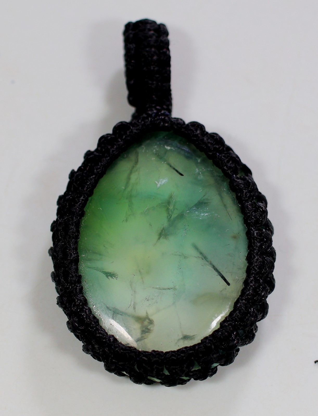 51 Ct 7X27X47 mm Natural Green Prehnite Oval Macrame Pendant 1.85″ KF-693