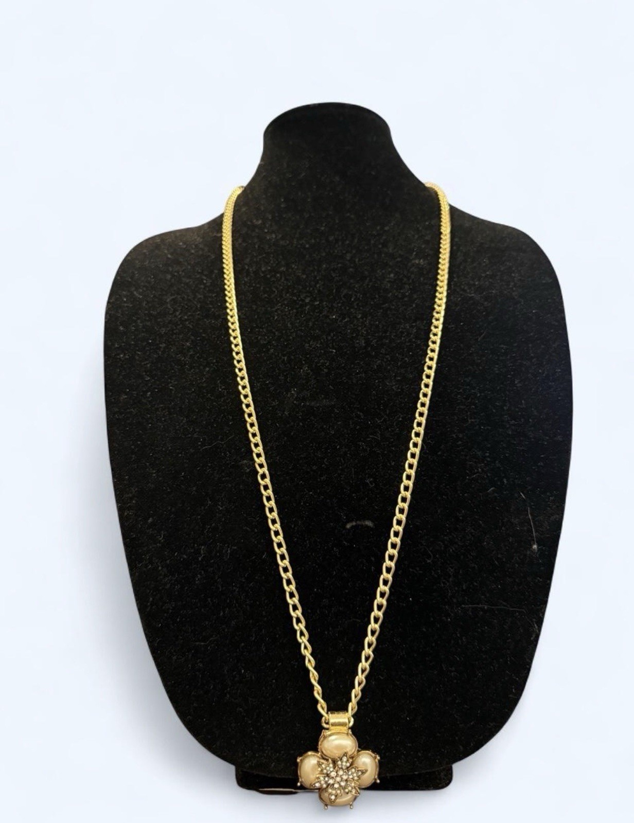 Gold Tone Cable Chain Necklace w/ Flower Charm Pendant & White Rhinestone