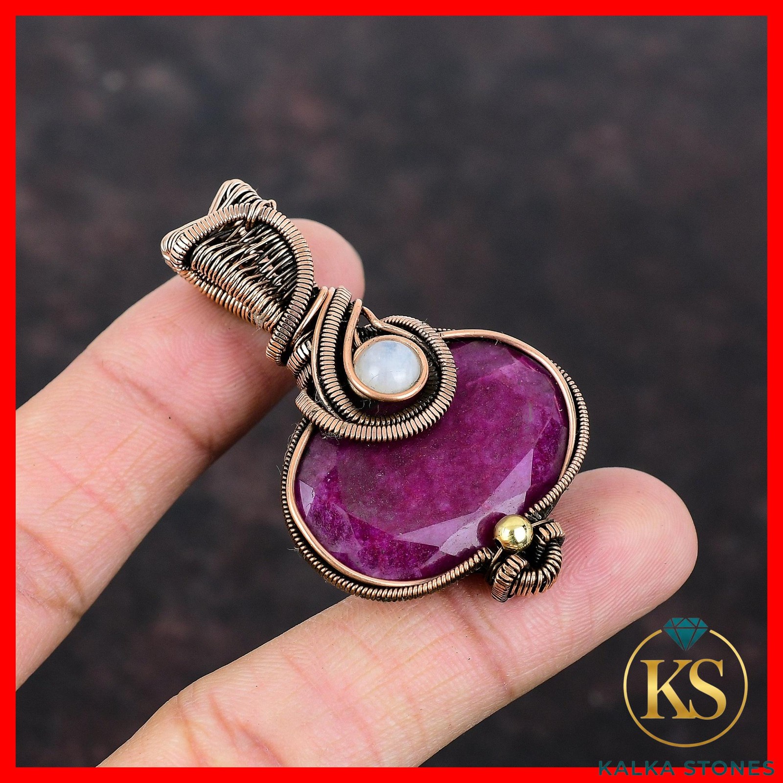 Kashmir Rubi Gemstone Rainbow Moonstone Wife Wire Wrapped Wedding Pendant Copper