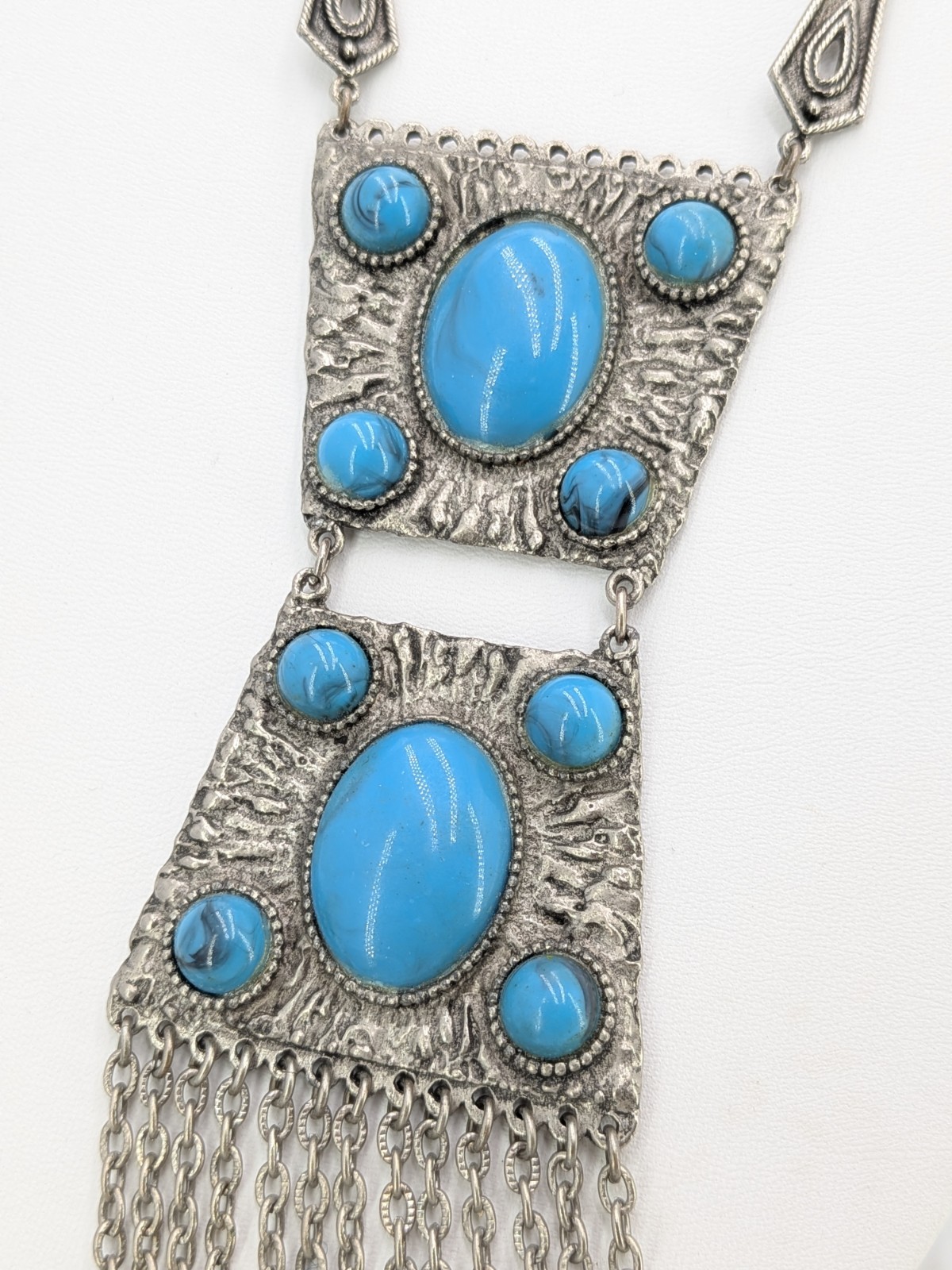 Vintage Fringe Pendant Necklace Faux Turquoise Silver Tone SW Boho 29in Tribal
