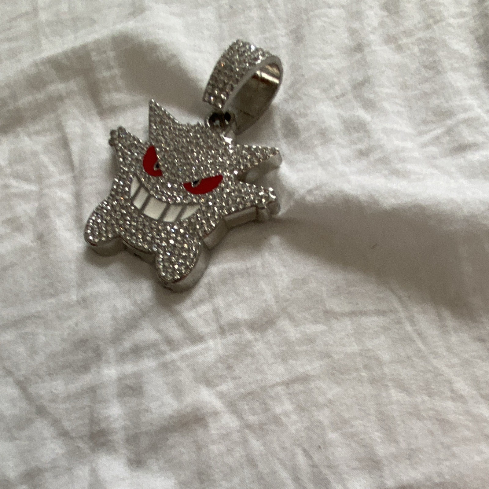 Silver Cuban Link Chain Necklace Gengar Charm Pendant Pavé Rhinestone Box