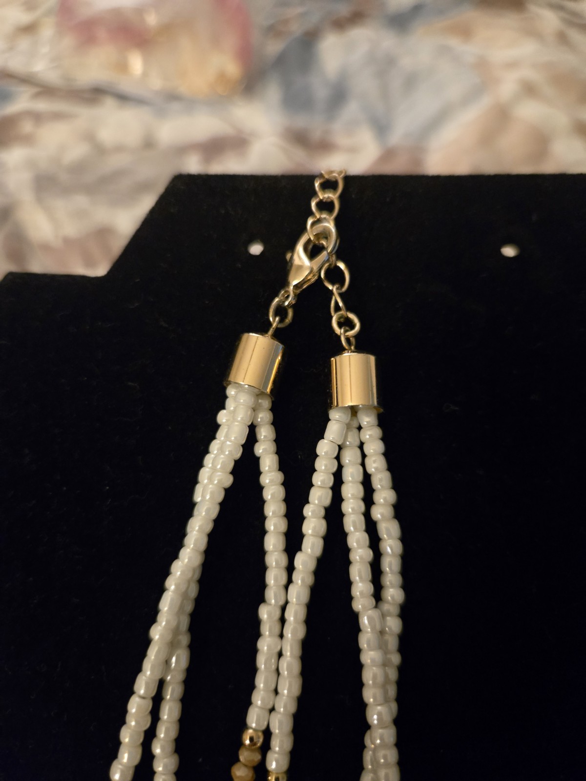 Layered Multi-Strand Beaded Necklace Beige White Gold Tone, Lobster Clasp