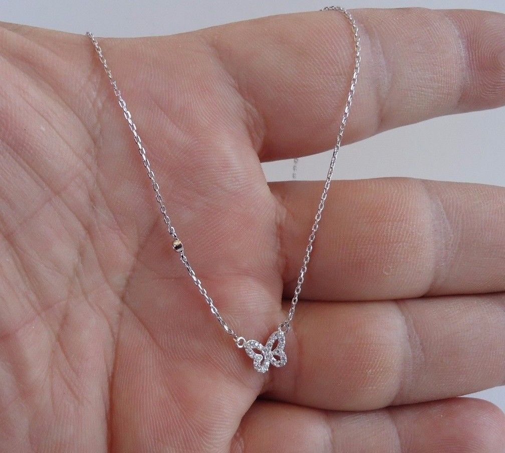 BUTTERFLY 925 STERLING SILVER NECKLACE PENDANT W/ .35 CT LAB DIAMONDS/18”