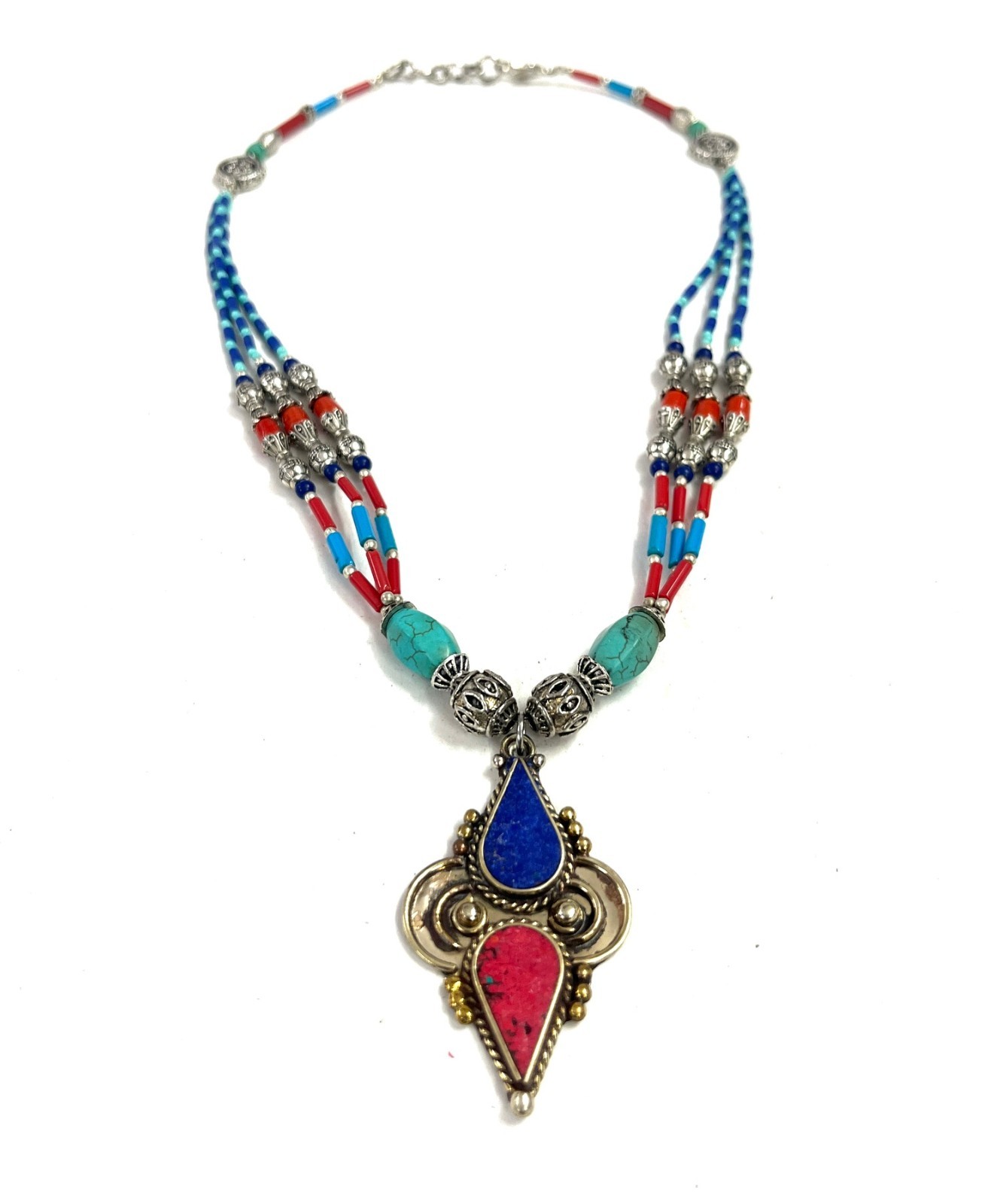 Red Coral Turquoise Gemstone Tibetan Handmade Necklace Jewelry, 18 Inc Adjst
