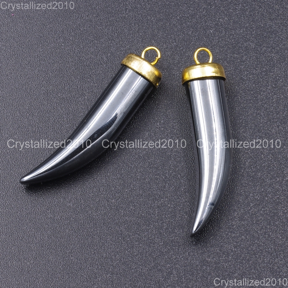 Natural Hematite Gemstone Horn Tusk Tooth Pendant Necklace Beads Silver Gold Cap