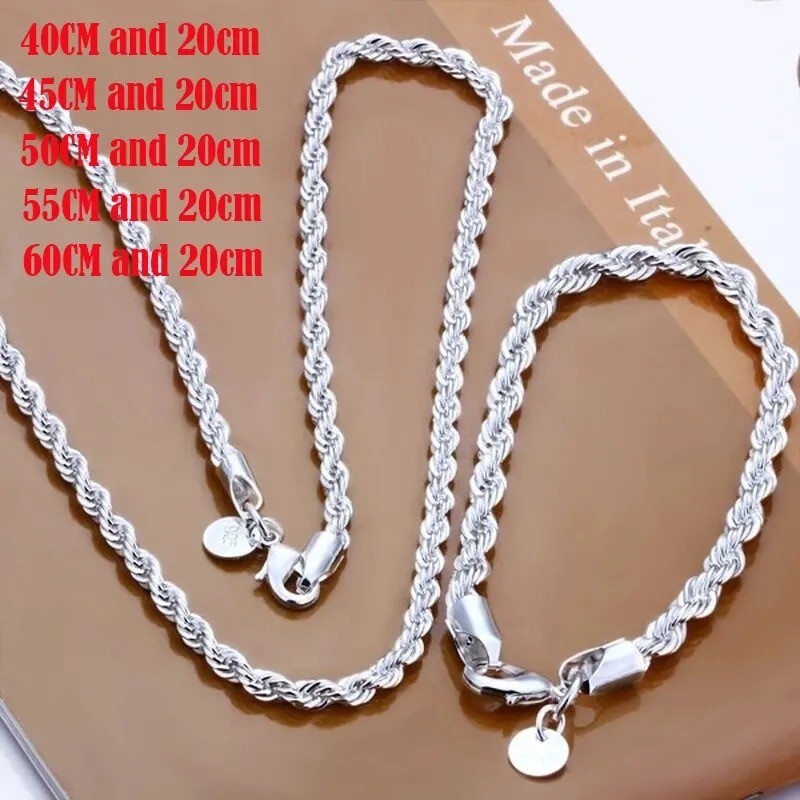 4MM Rope Chain Necklace 925 Sterling Silver Fashion Jewelry for Women Men Gift