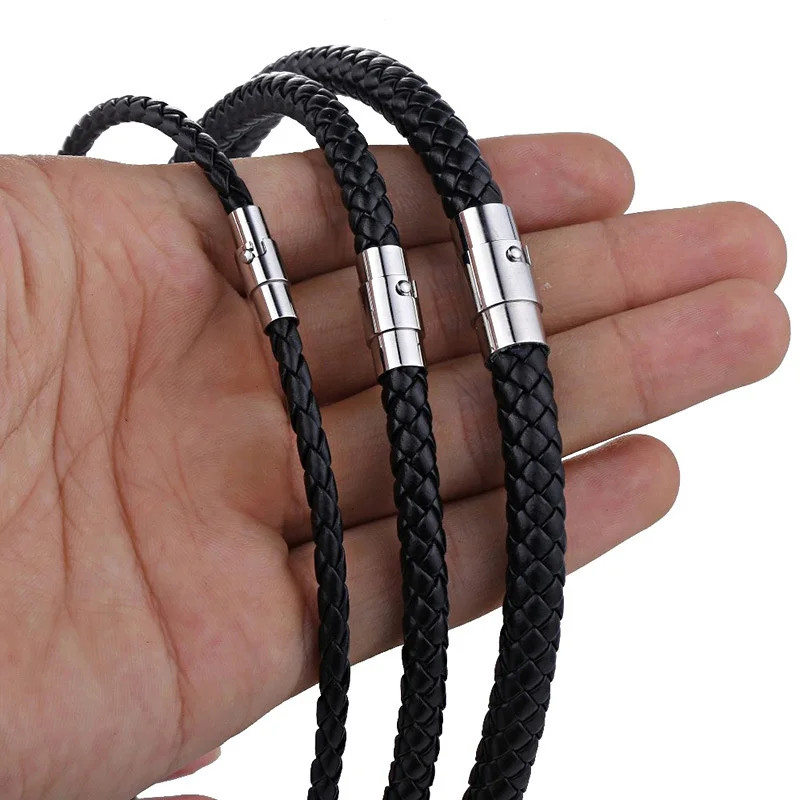 Punk Men’s Leather Braided Rope Chain Necklace Men Women Stainless Steel Magneti