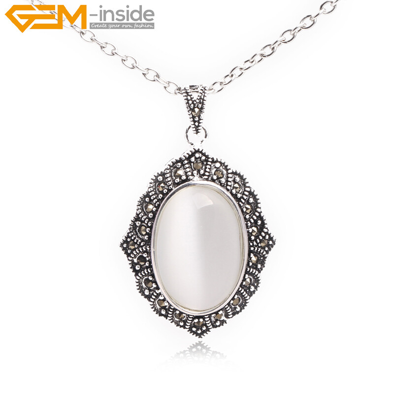 Silver Marcasite Tibetan Oval Turquoise Cat Eye Beads Jewelry Pendant Necklace