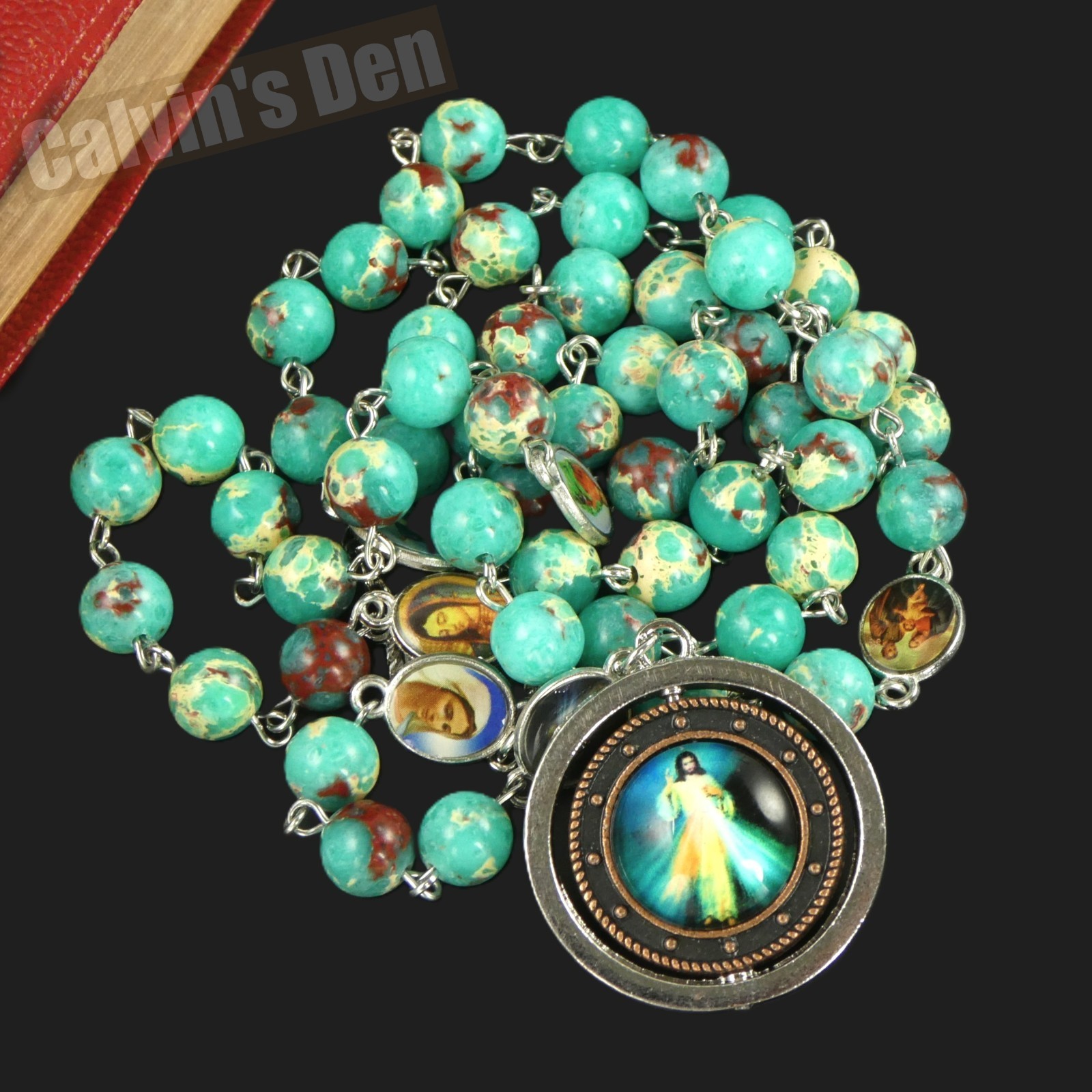 Green Snakeskin Jasper Bead Rosary Spinning Divine Mercy Madonna & Child Pendant