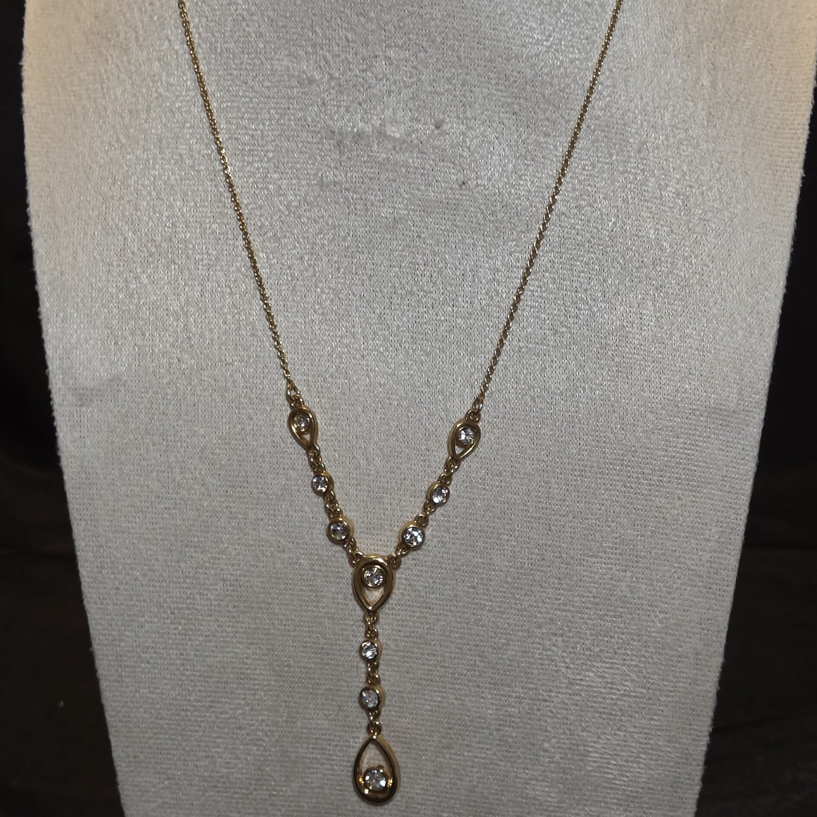 Gold-tone Y Necklace With Sparkling Crystal Drop Accents. Elegant Everyday Wear