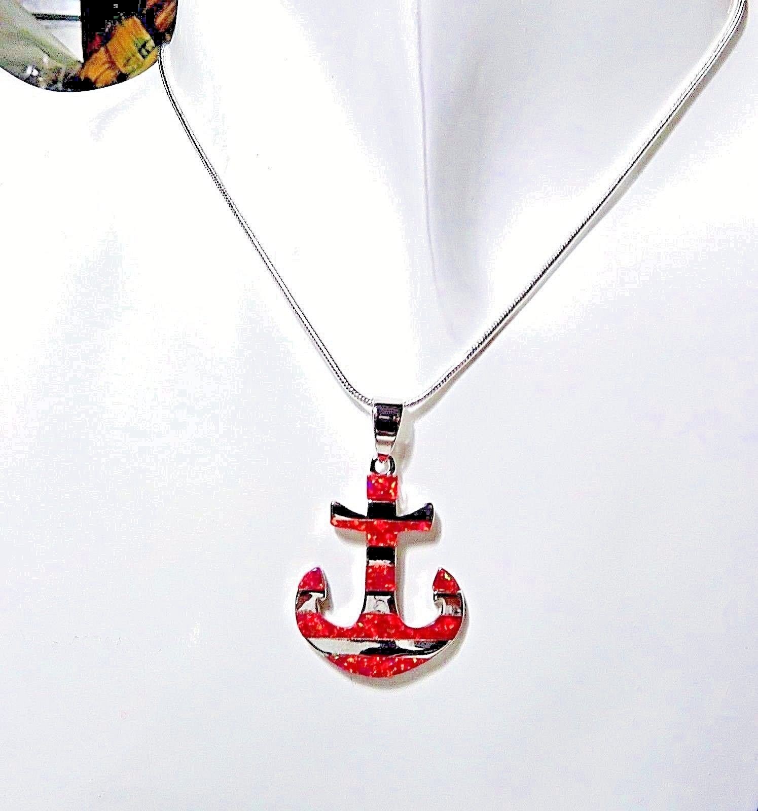Silver Filled 925 Stamp Pendant Red Lab Fire Opal ANCHOR 1″