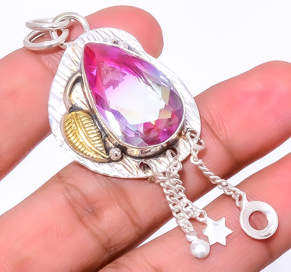Bi Color Tourmaline 925 Silver Two Tone Leaf Pendant 2.54″ P10 Gift for her