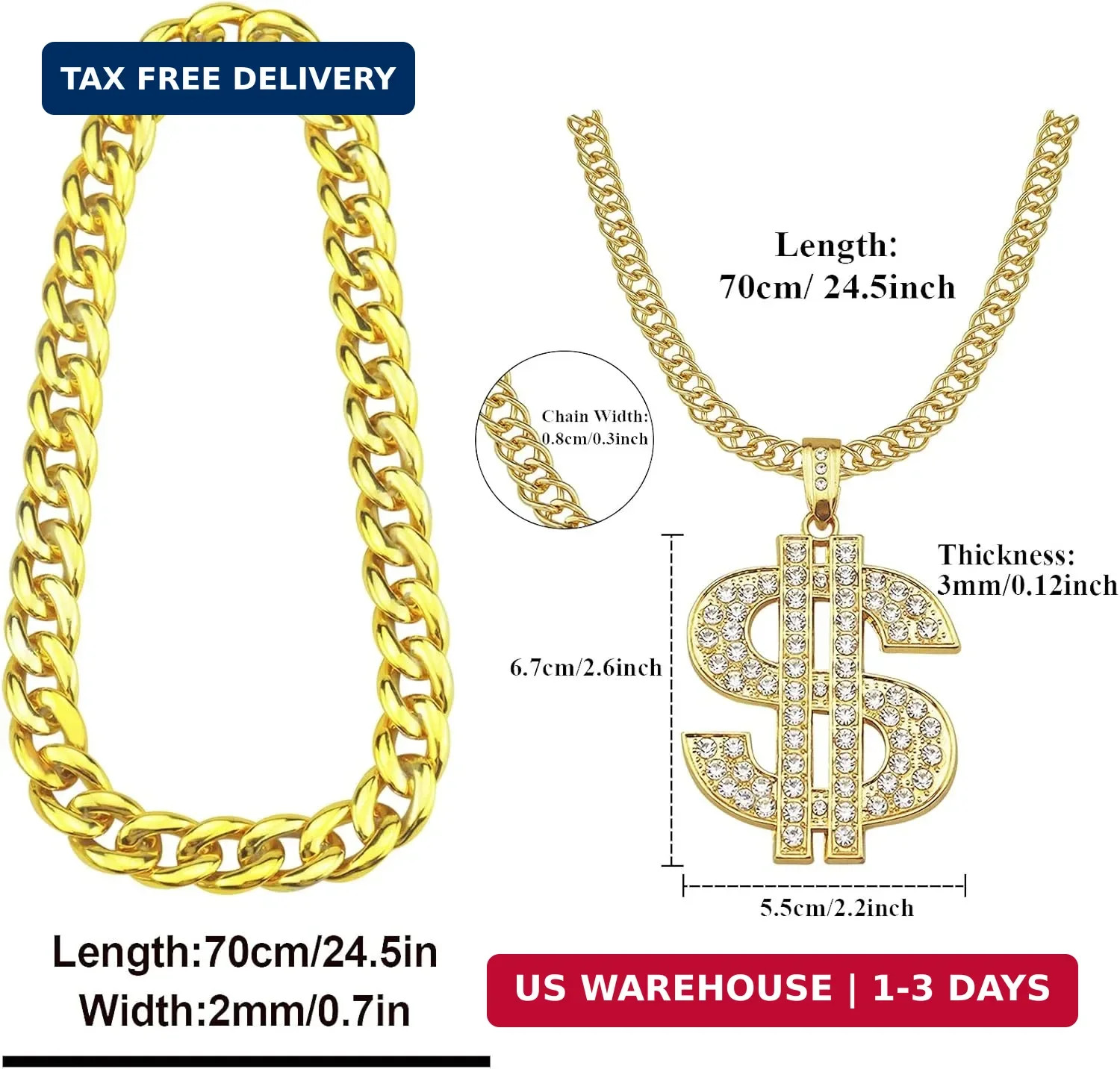 2 Pcs Dollar Sign Pendant Necklace Plastic Fake Chain Set Small Acrylic Hip Hop