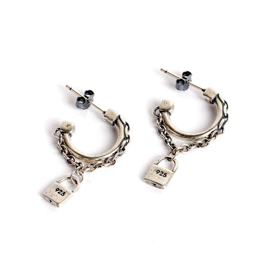 C-shape Small Hoop w/ Chain Lock Drop Post Earrings Gothic 925 Sterling Silver
