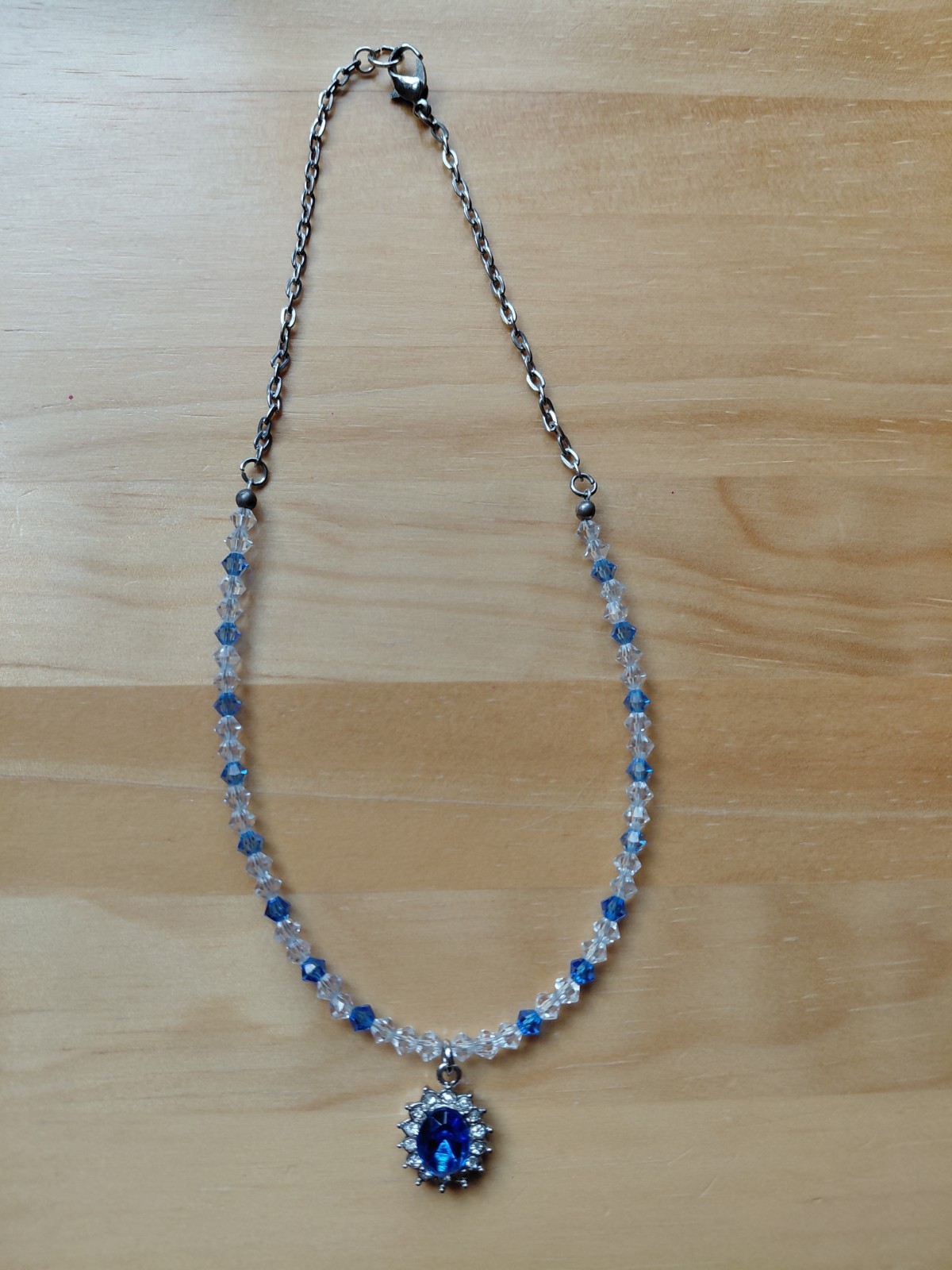 Faux Blue Sapphire Gemstone and Blue/Clear Crystal Bead Silver Tone Necklace