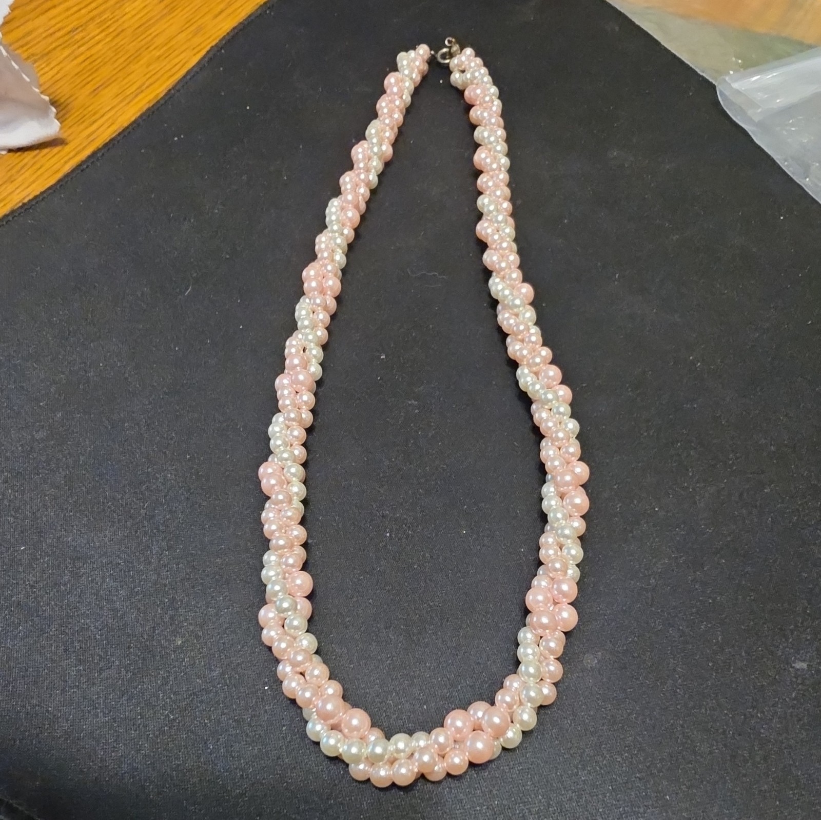 Vintage Pink White Twisted Pearl Torsade Necklace Multi Strand Rope Costume