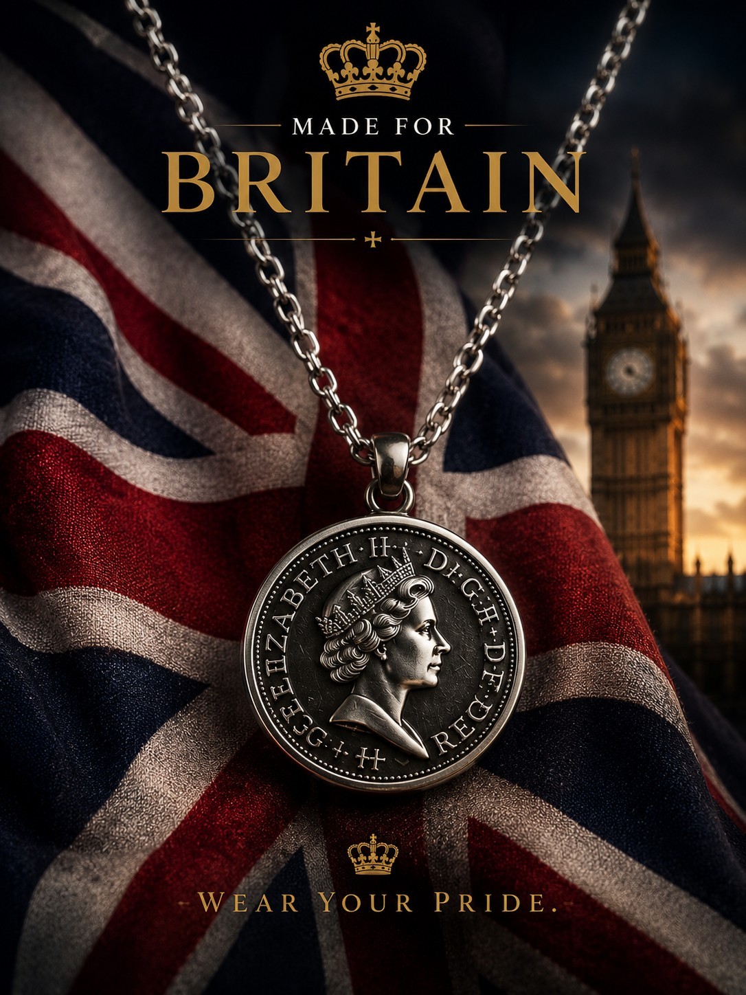 British Patriot Queen Coin Necklace – Vintage Royal Pendant Chain