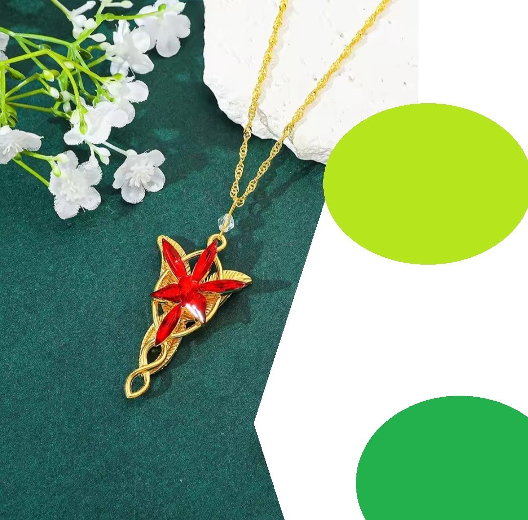 Red on Gold Arwen Evenstar Necklace Aragorn Elven LOTR Lord of Ring & Velvet Bag