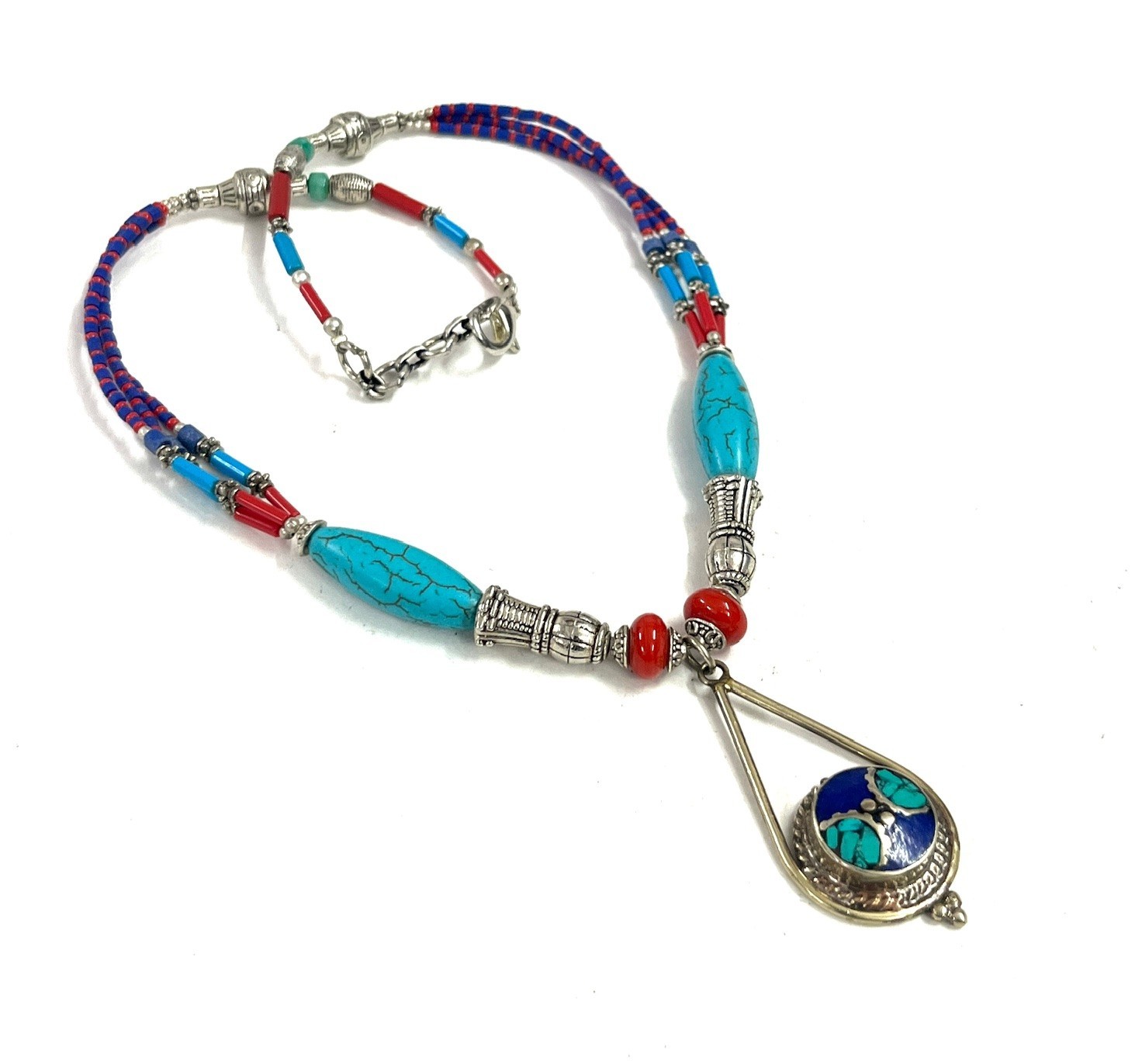 Lapis Lazuli Turquoise Gemstone Tibetan Bohemian Necklace Jewelry, 18 Inc Adjst