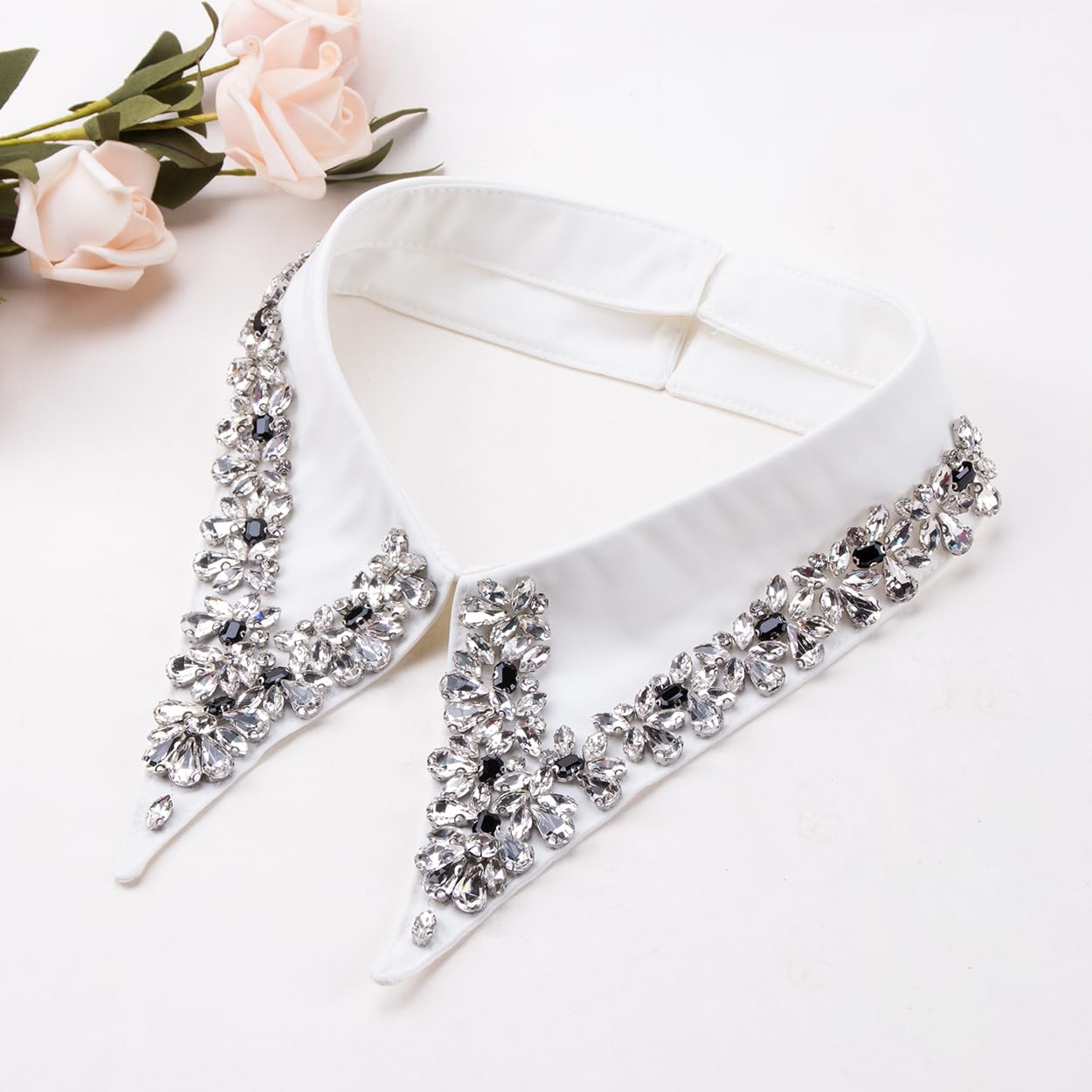2Pcs Rhinestone Detachable Collar Set Elegant Hand Sewn Crystal Fake Collar H…