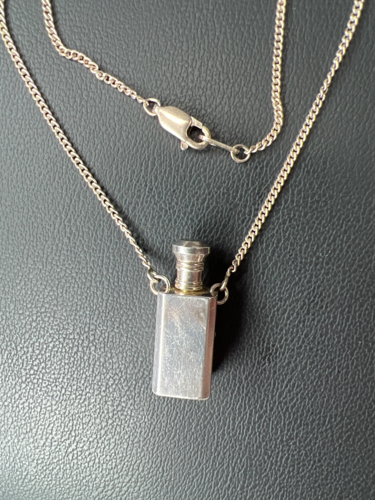 Vintage Silver Plate Miniature Perfume Bottle Pendant w/ Dauber, Long Chain