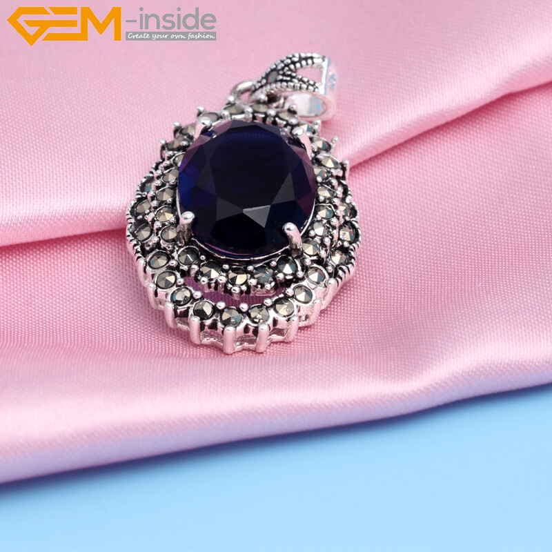 Oval Marcasite Tibetan Silver Crystal Coral jade Jewelry Pendant Necklace Dyed