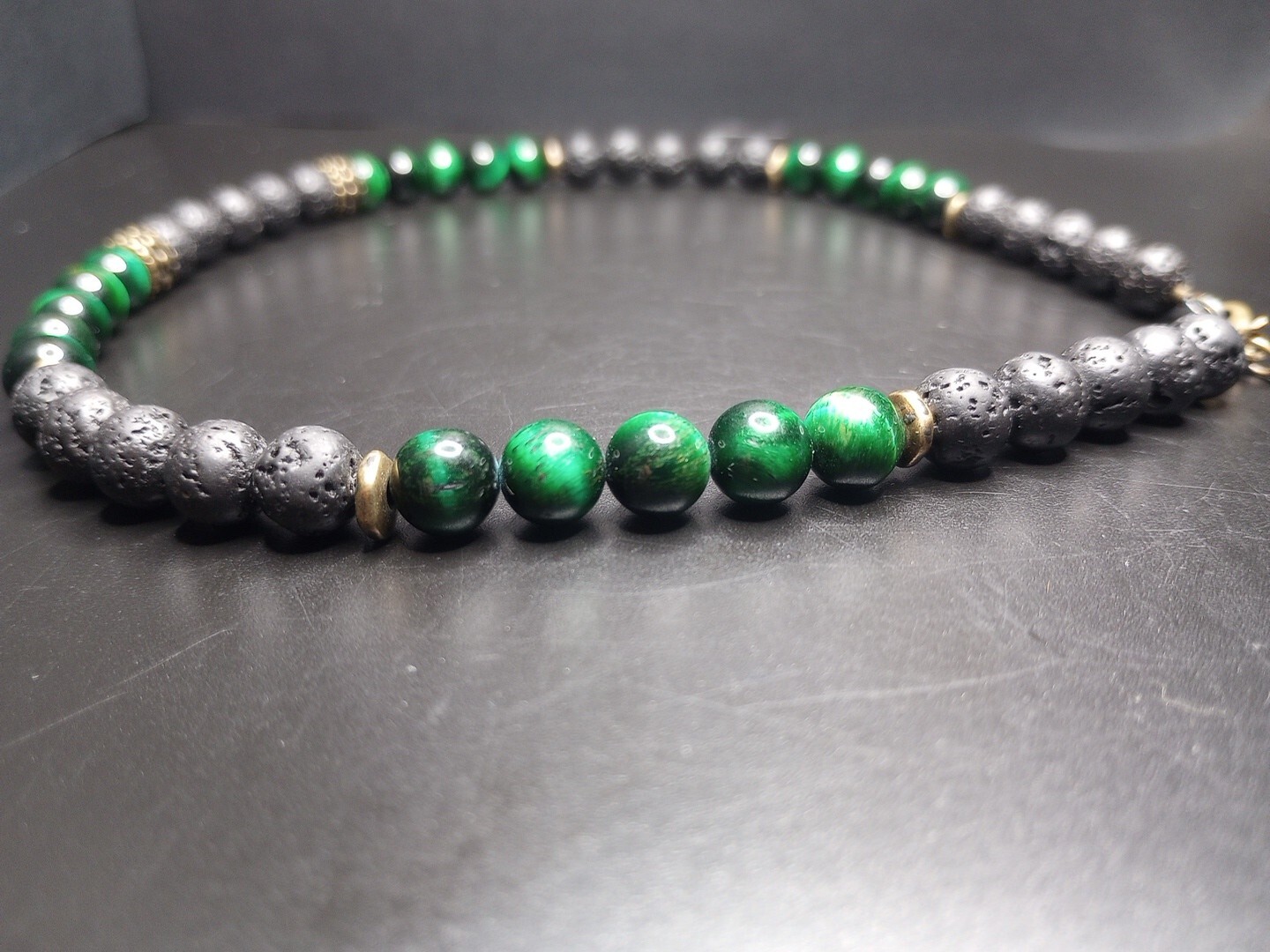 Black Lava Rock and Green Tiger’s Eye Necklace 16″