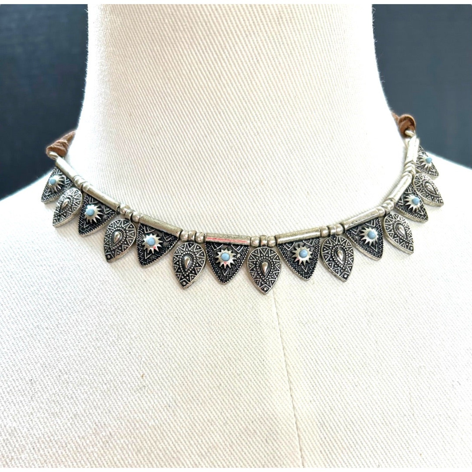 Cord and Metal Southwestern Style Necklace 15.5-18 Inch Silvertone Lobster Clasp