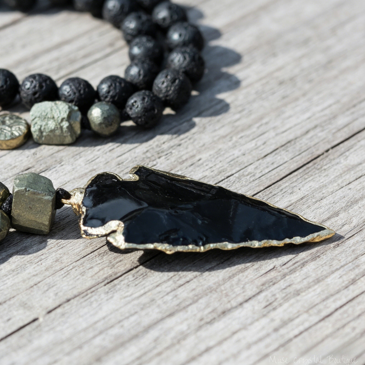 Natural Obsidian Arrowhead Pendant Necklace Lava Rock Beaded Tribal Jewelry Gift