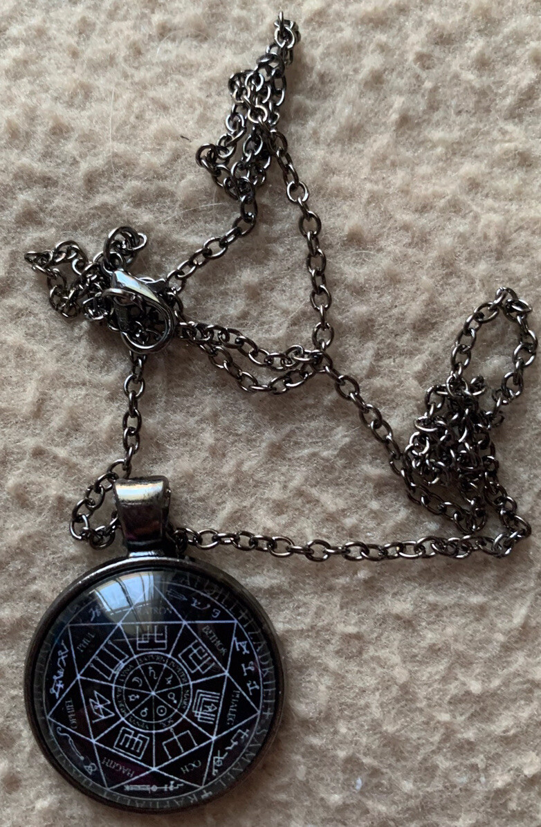 Mystic Domed Pendant Necklace 20” Antiqued Chain 1 1/8” Mystical Signs Mystical