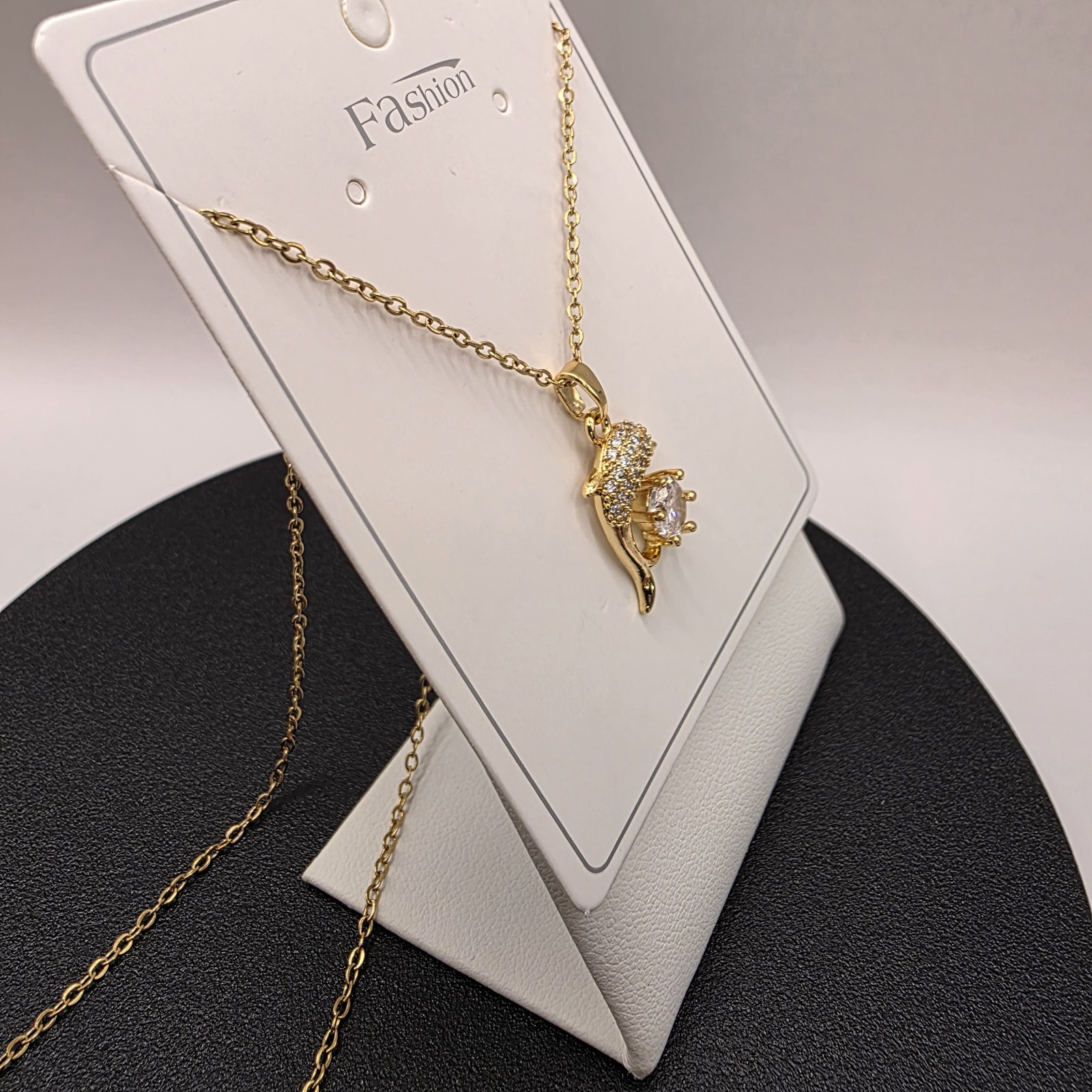 Stainless Steel Fashion Necklace 19mm Dolphin& 6mm CZ Copper Plated Length 16″
