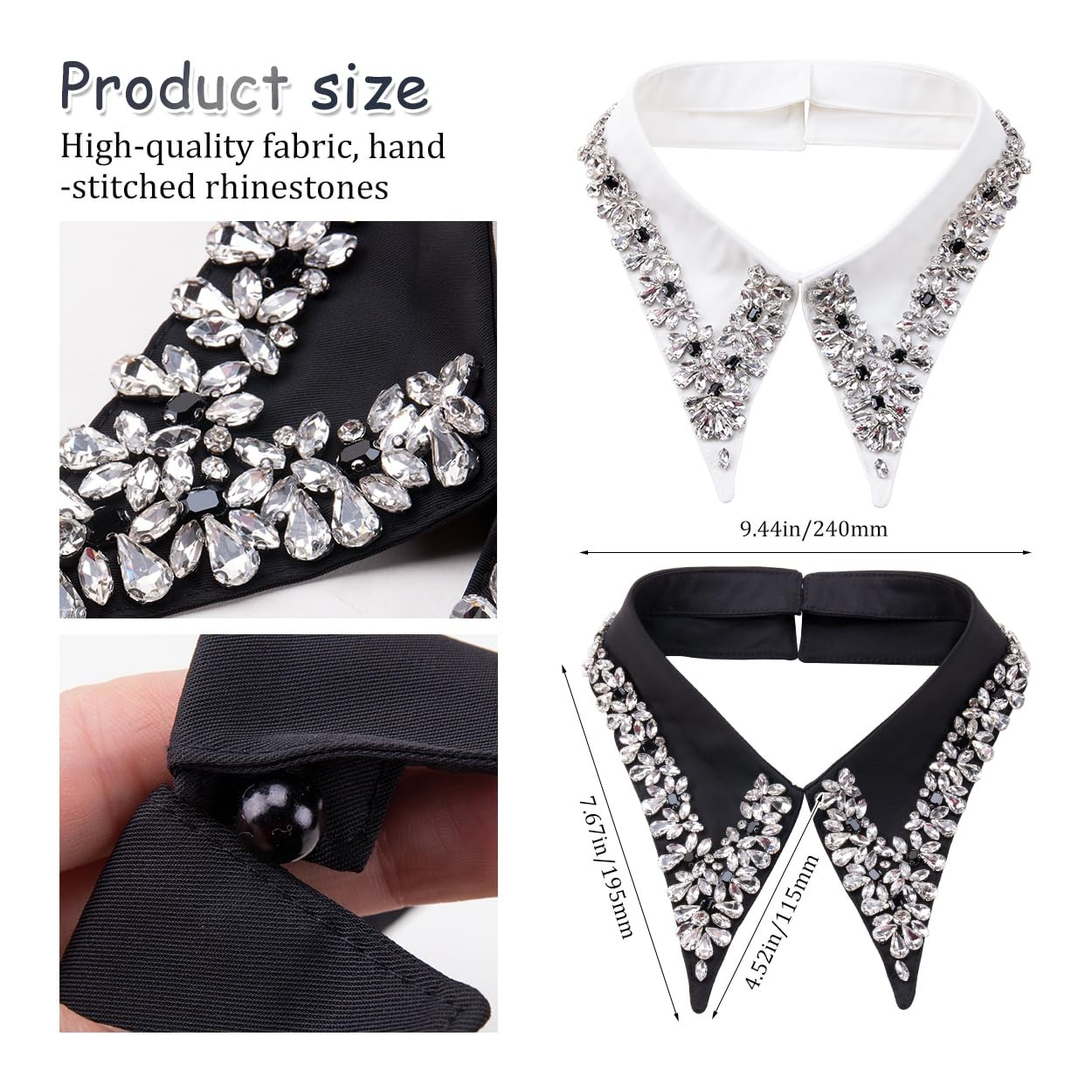 2Pcs Rhinestone Detachable Collar Set Elegant Hand Sewn Crystal Fake Collar H…