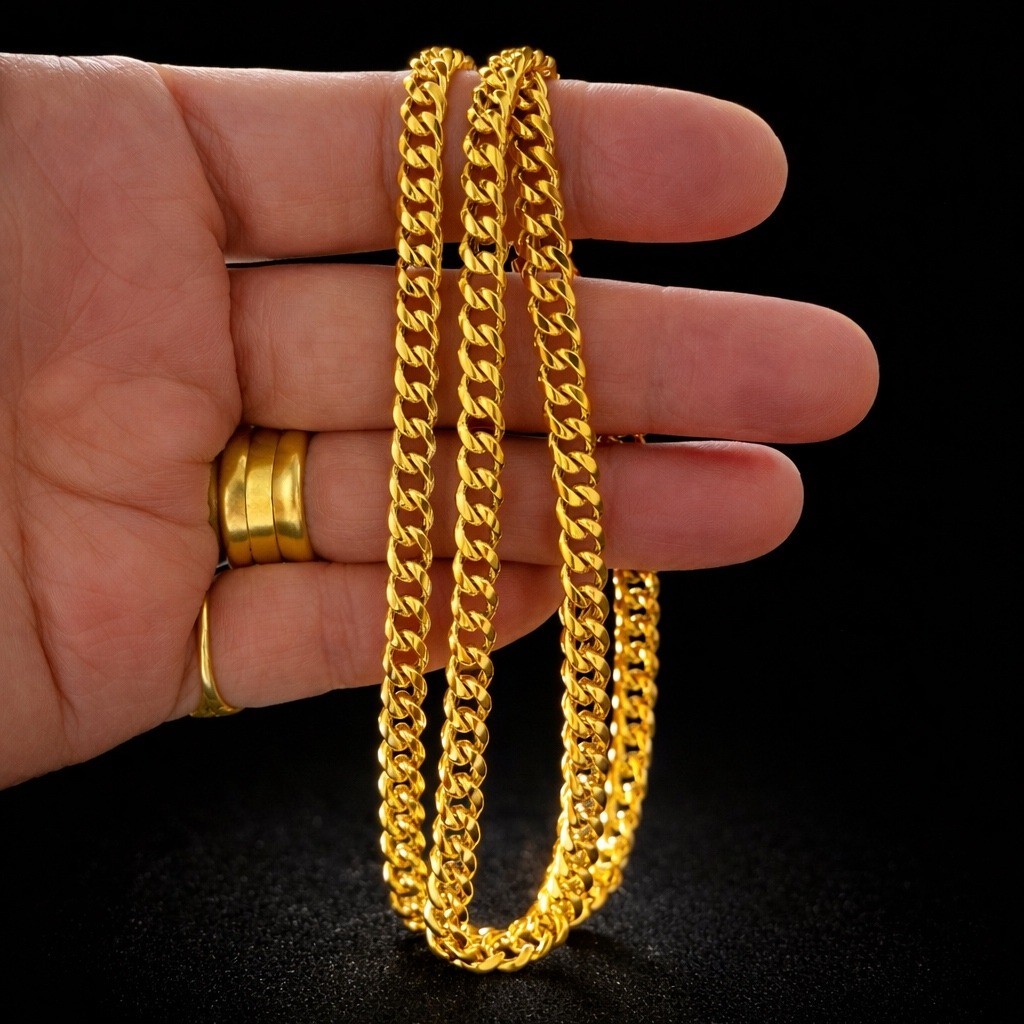 Unisex Gold Tone Curb Flat Chain Necklace High Polish 18″ Smooth Comfort