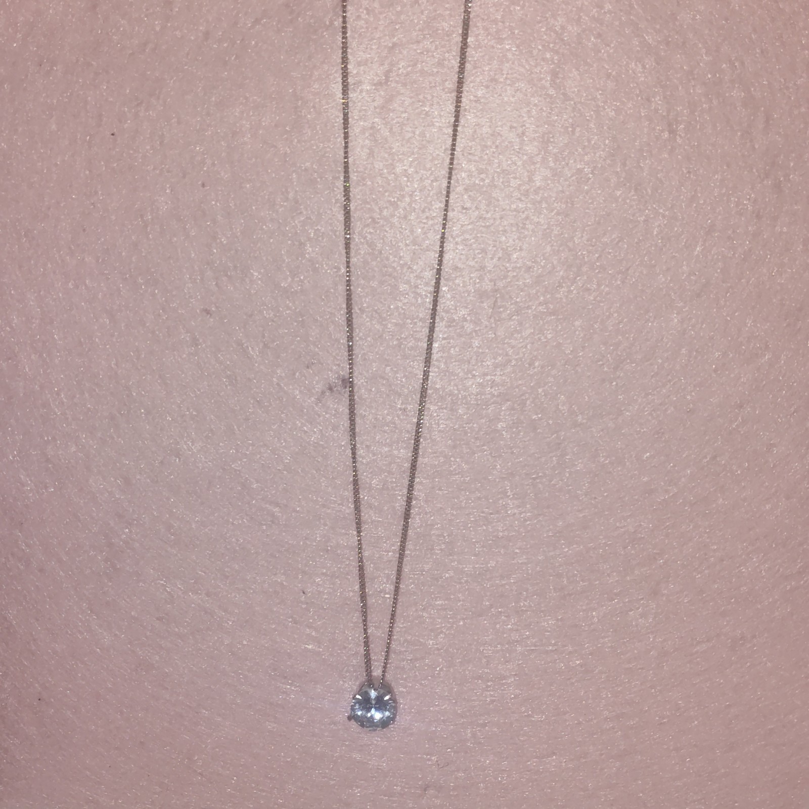 Silver Tone Box Chain Necklace Round Clear Crystal Solitaire Pendant Prong