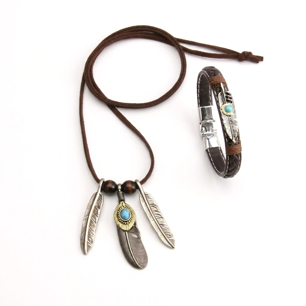 2pcs Niche Feather, Necklace Bracelet Hip Hop Ethnic Retro Style Unisex Jewelry