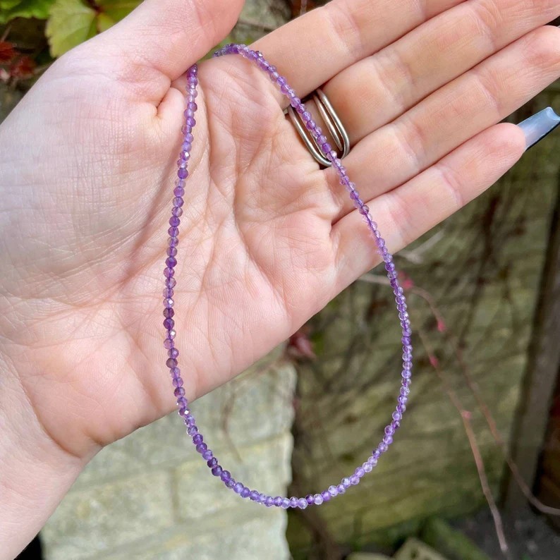 Amethyst 2mm Crystal Gemstone Faceted Beads Minimalist Dainty Choker Necklace