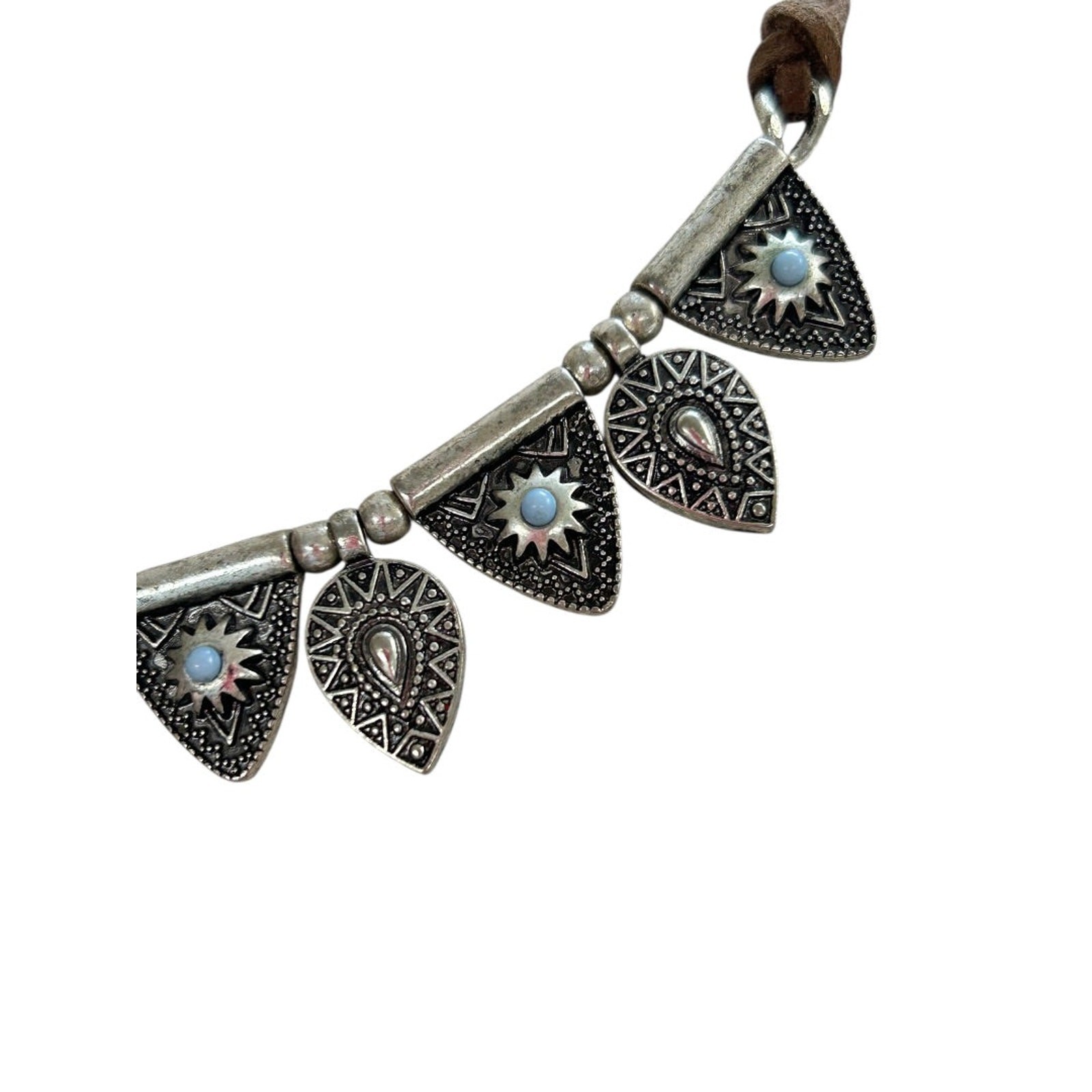 Cord and Metal Southwestern Style Necklace 15.5-18 Inch Silvertone Lobster Clasp
