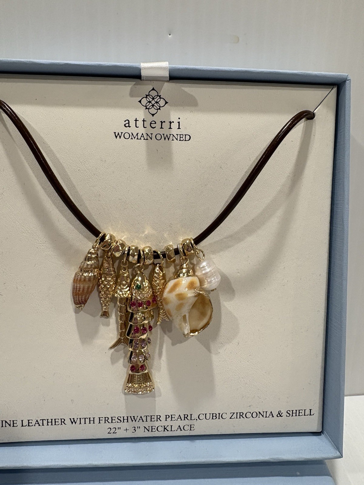 ATTERRI CHARM NECKLACE GENUINE LEATHER W FRESH WATER PEARL CUBIC ZIRCONIA &SHELL