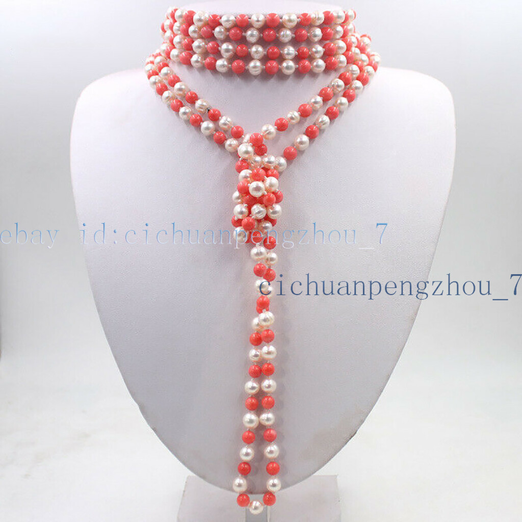 Natural 6-7mm White Pearl 8mm Pink Coral Round Beads Necklace 16-100”