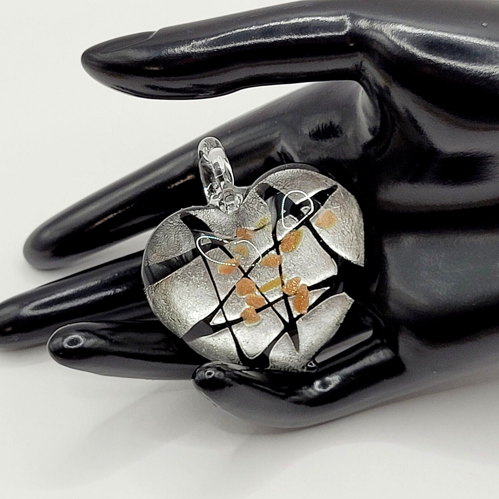 Artisan Modern Art Glass Heart Pendant Silver Black Gold Color Foiled Glitter